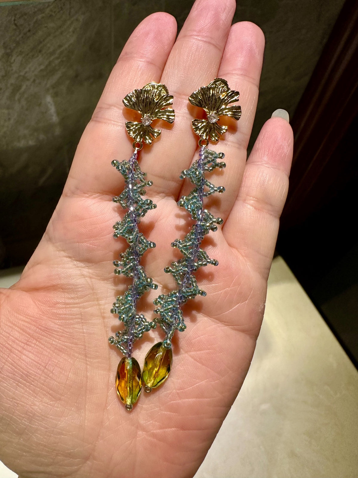 Long Beaded Tassel Earrings Ginkgo Leaf