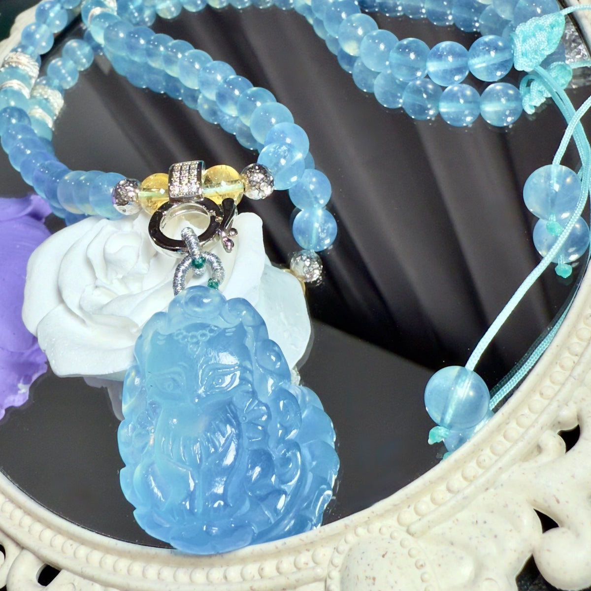 Natural Aquamarine Fox Pendant Necklace Set