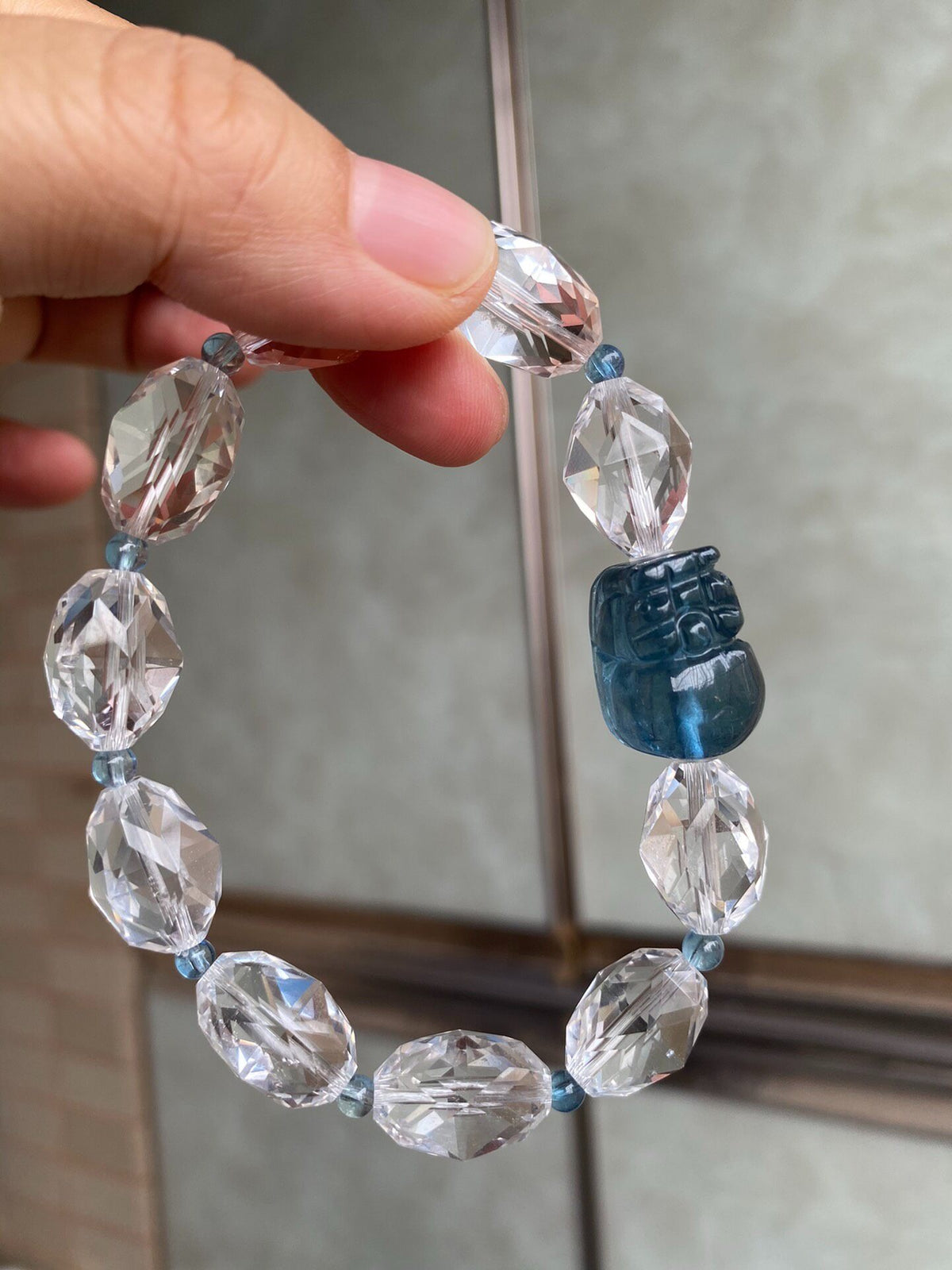 White Crystal Aquamarine Pixiu Beaded Bracelet