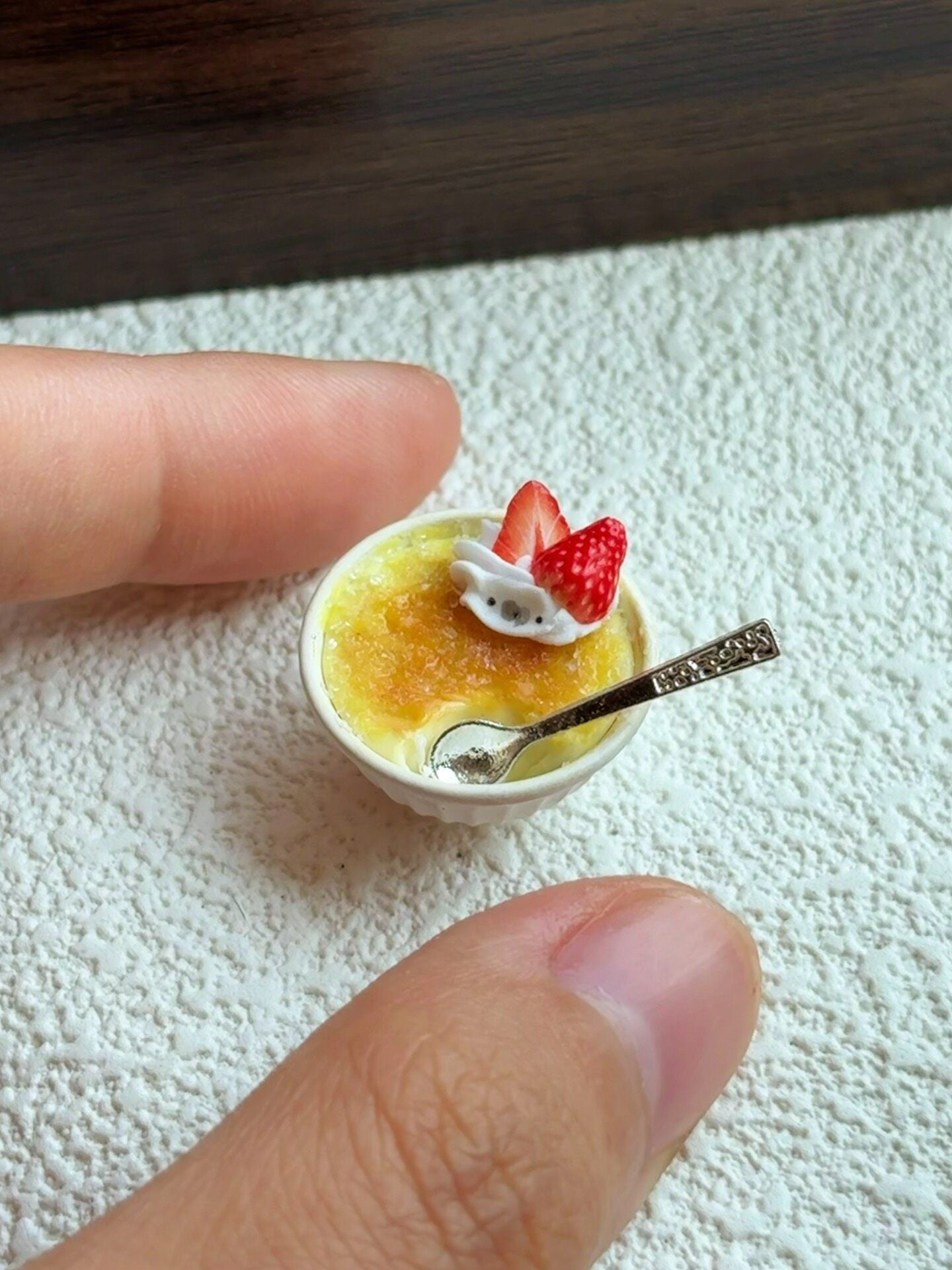 Miniature Caramel Custard with Whipped Cream and Strawberries