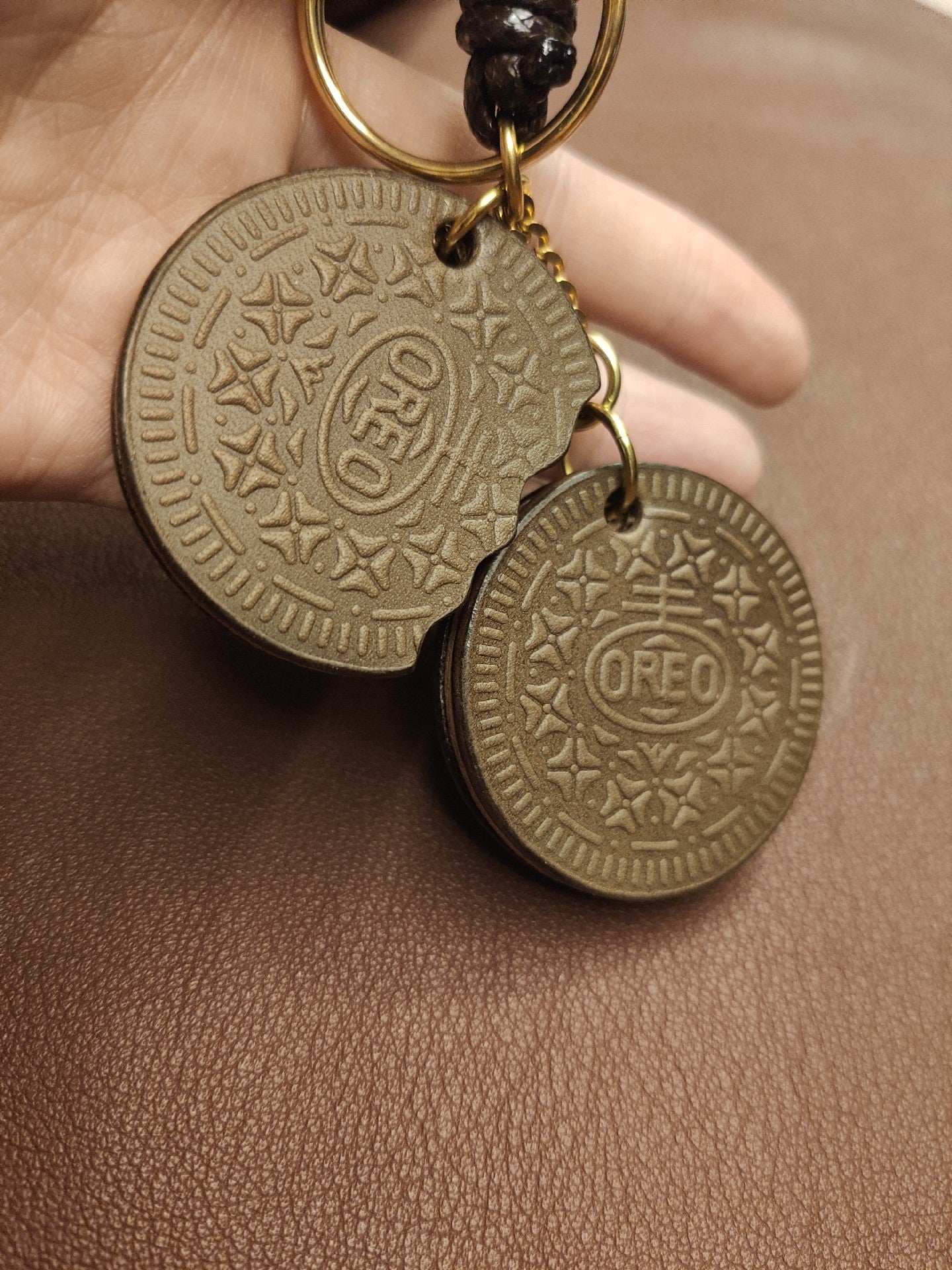 Handmade Oreo Cookie Leather Keychain with Bite Detail