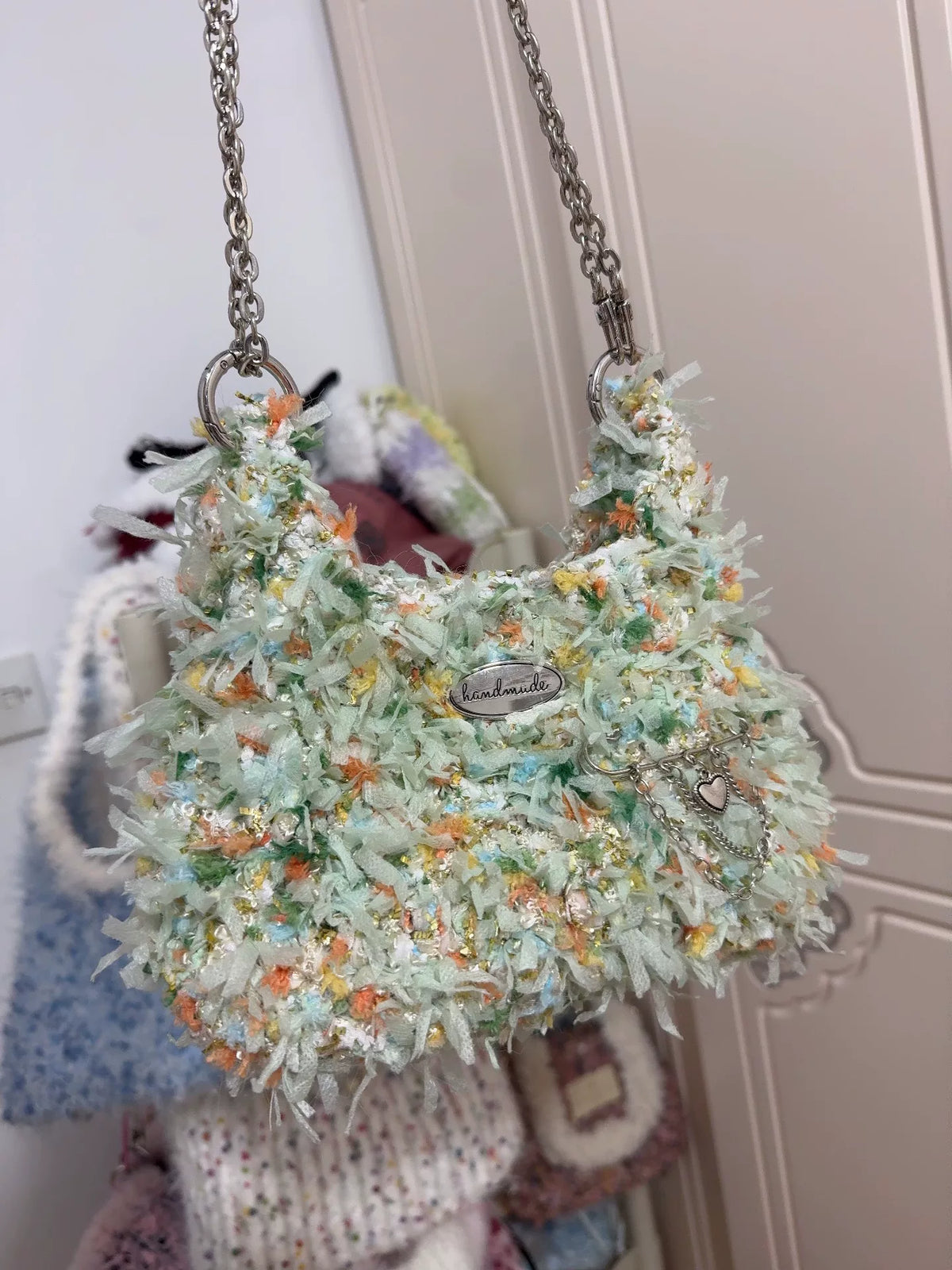 Mint Fuzzy Shoulder Bag with Silver Chain Strap