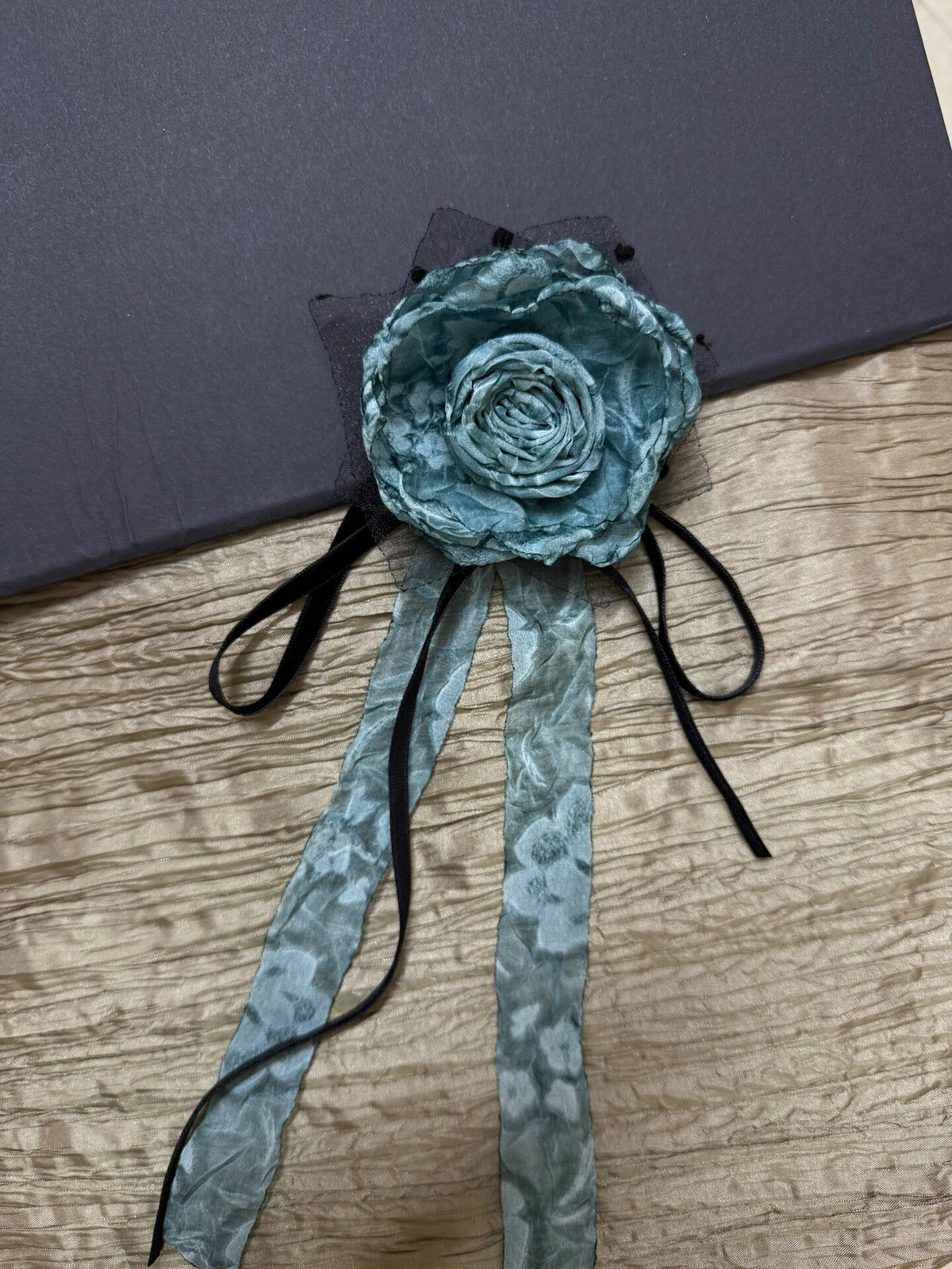 Handmade Fabric Rose Brooch Teal Tulle