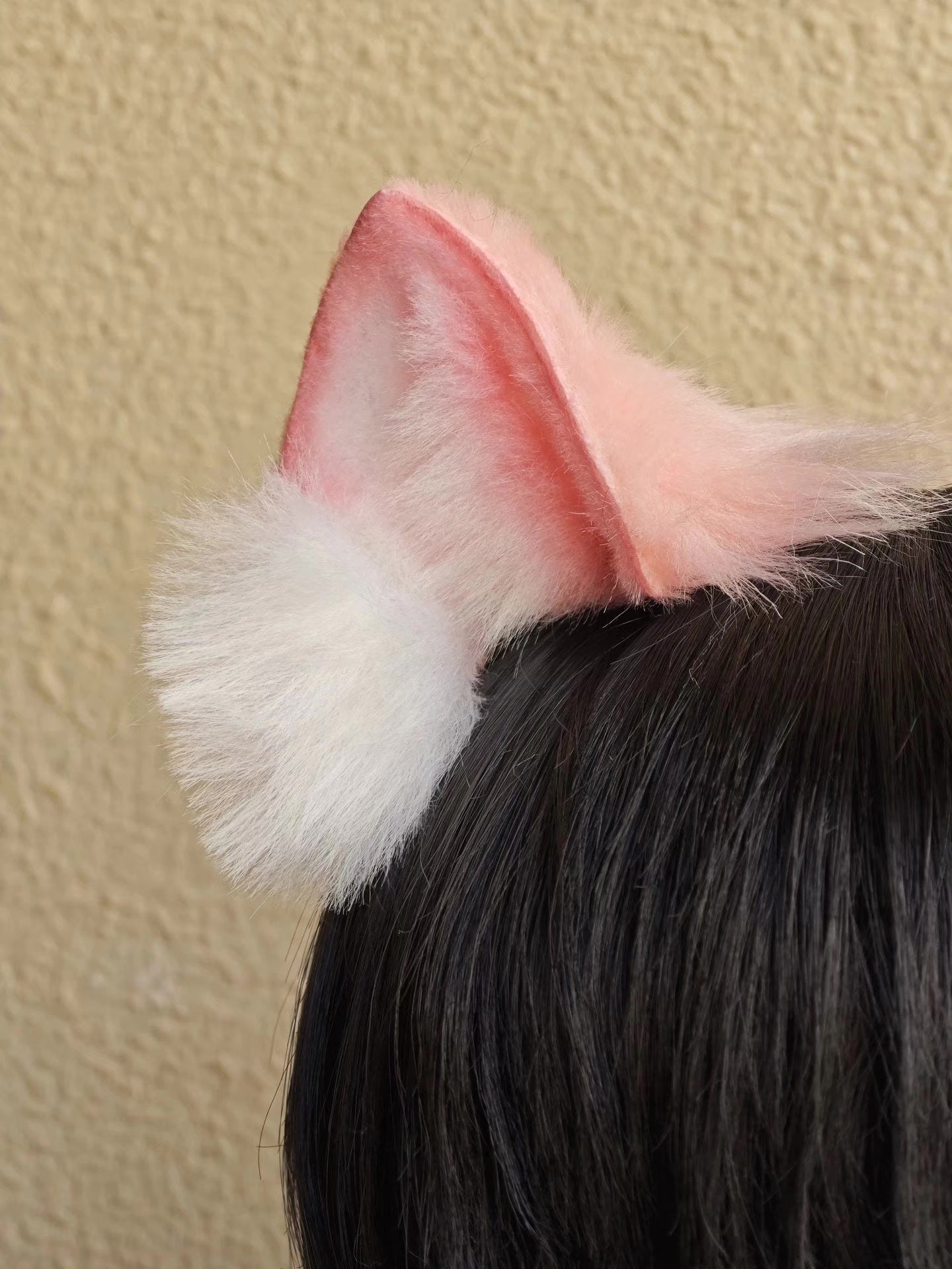 Handmade Cat Ears Headband Pink White Gradient Fur with Pom-Poms