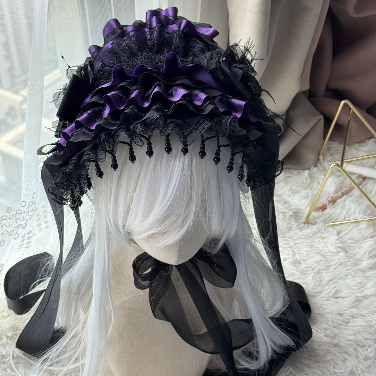 Gothic Lolita Widow Hat Black Purple Pearl Tassels