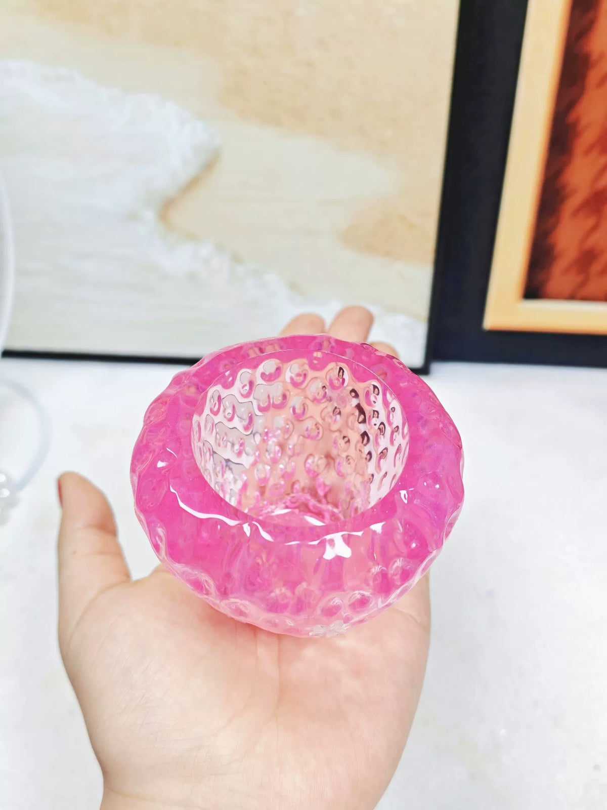 葉付きハンドメイド ピンク イチゴ型収納ジャー