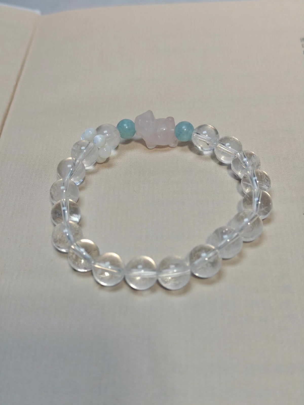 White Crystal Cat Charm Beaded Bracelet