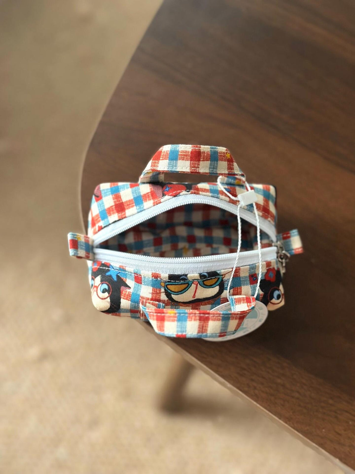 Mini Plaid Cat Print Boston Bag