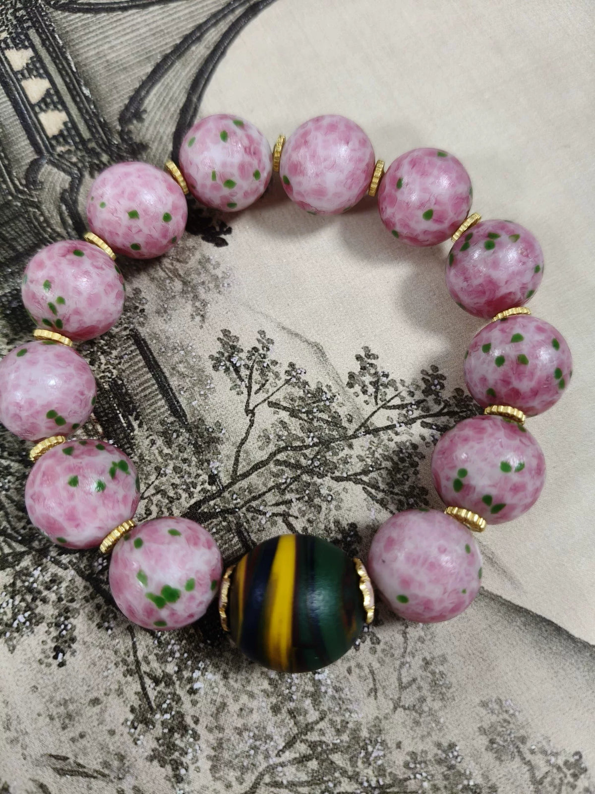 Pink Green Frog Skin Old Glass Bead Bracelet
