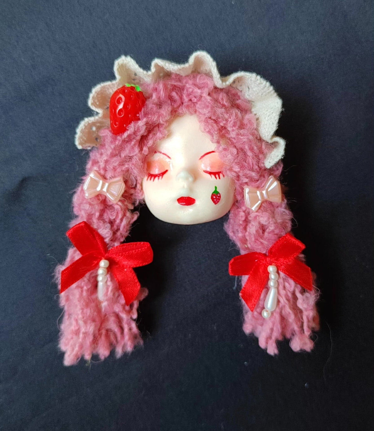 Clay Doll Head Brooch Lolita Pigtails