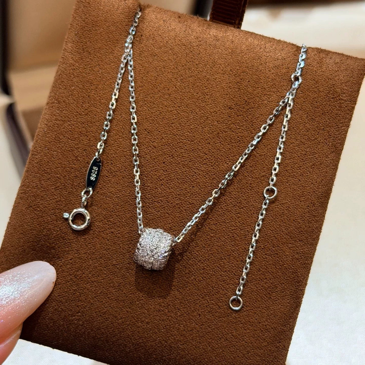 S925 Silver Three Row Diamond Barrel Necklace