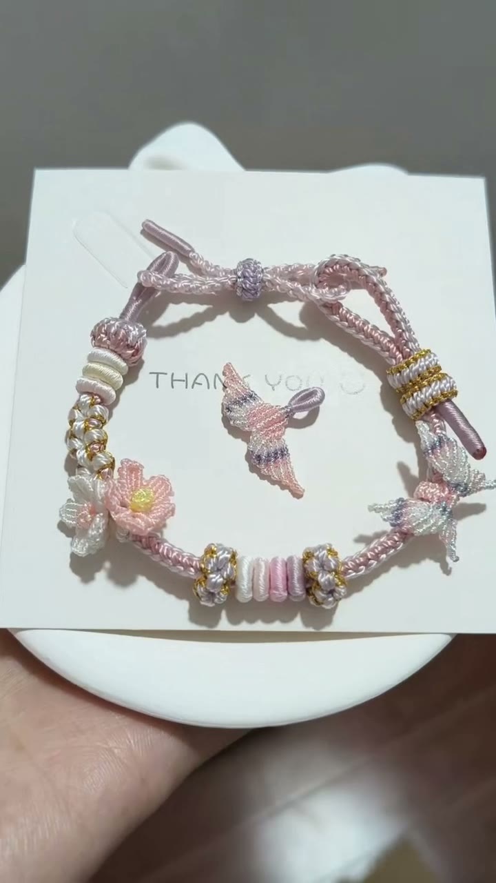 Handwoven Pink Flower Bracelet