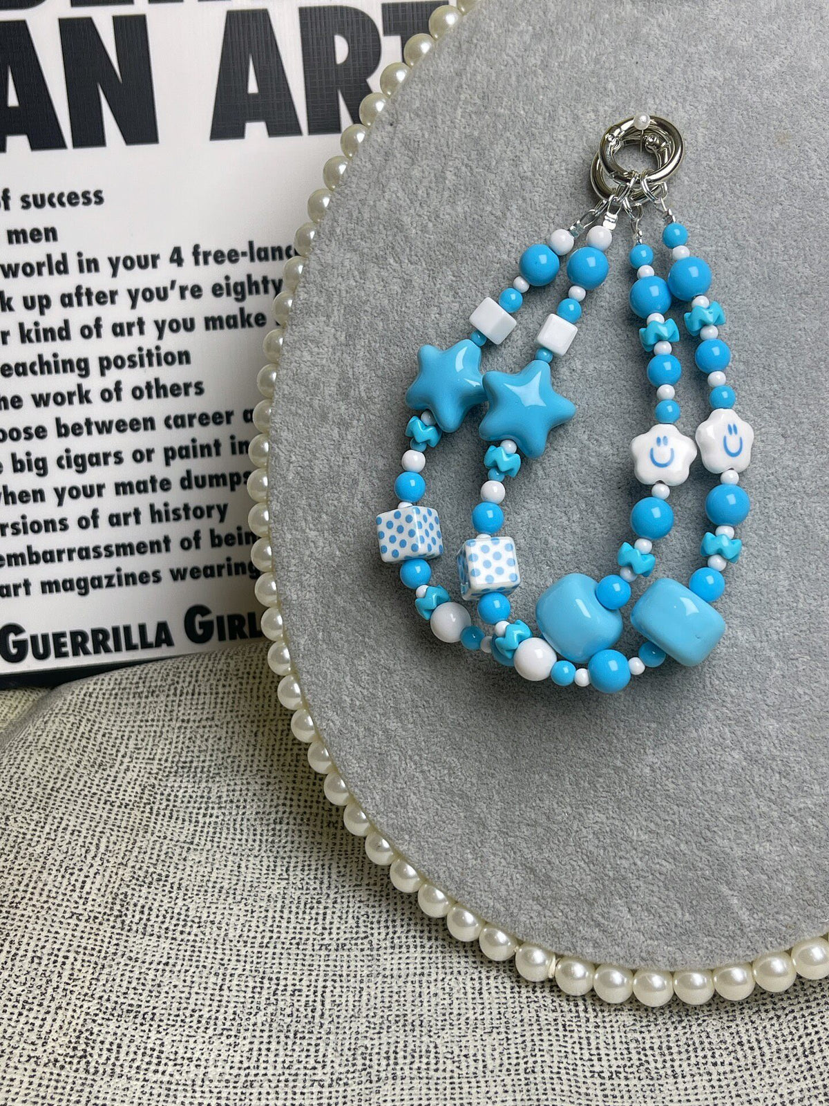 Handmade Beaded Phone Charm with Smiley Flowers