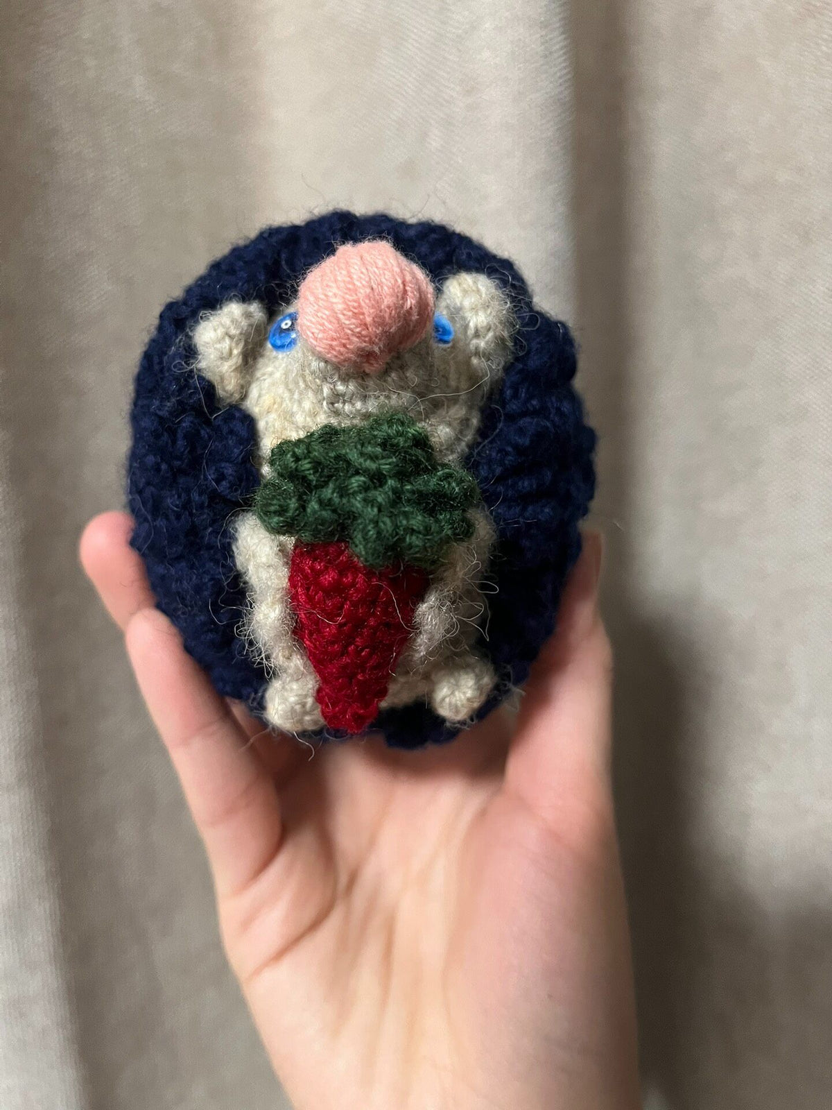 Crocheted Hedgehog Strawberry Navy Blue Applique