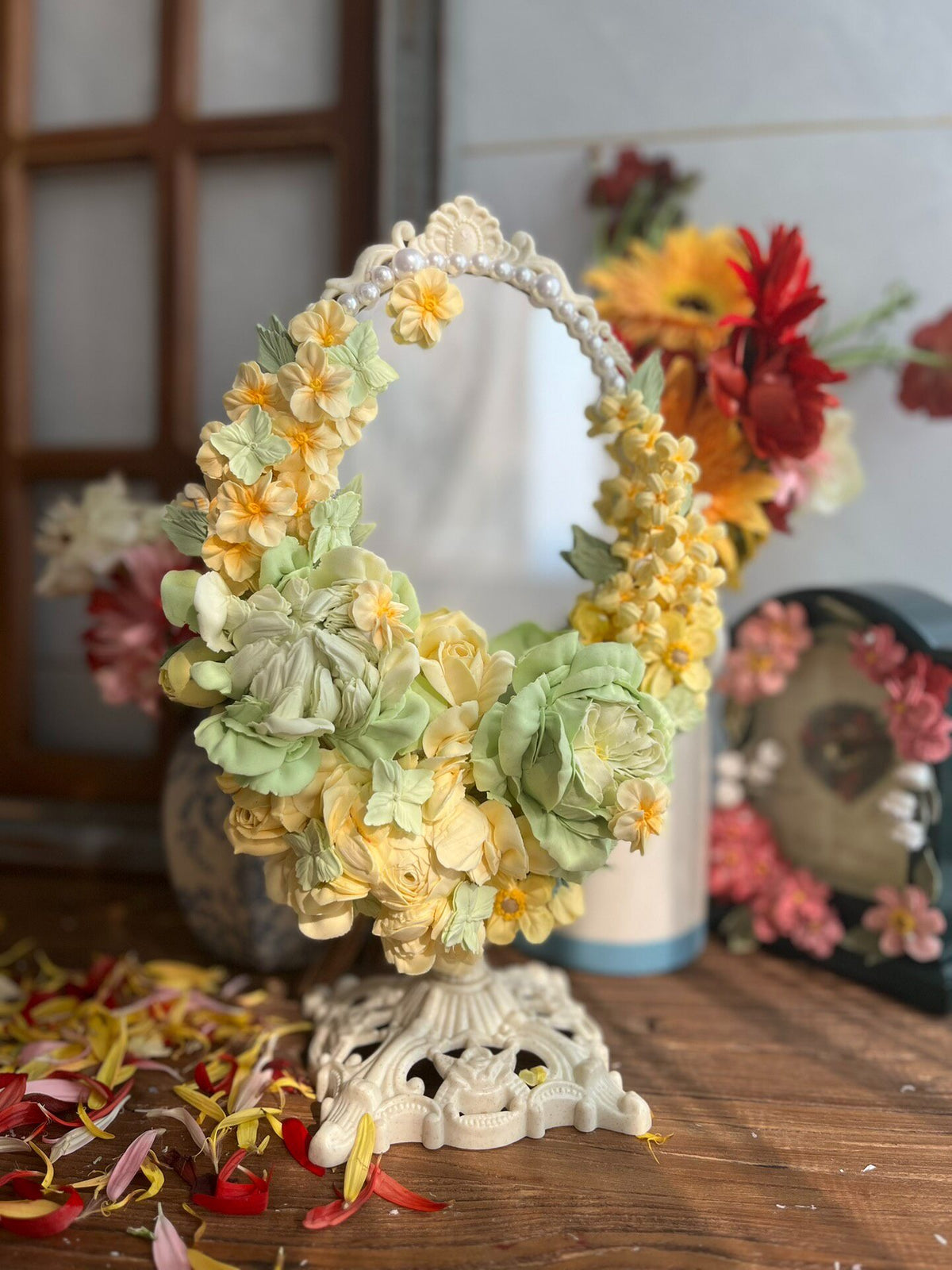 Clay Piped Floral Oval Vanity Mirror