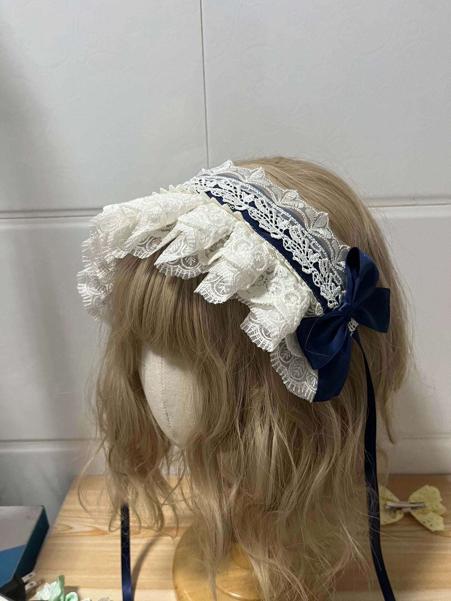 Lolita Navy Blue Bow White Lace Headband