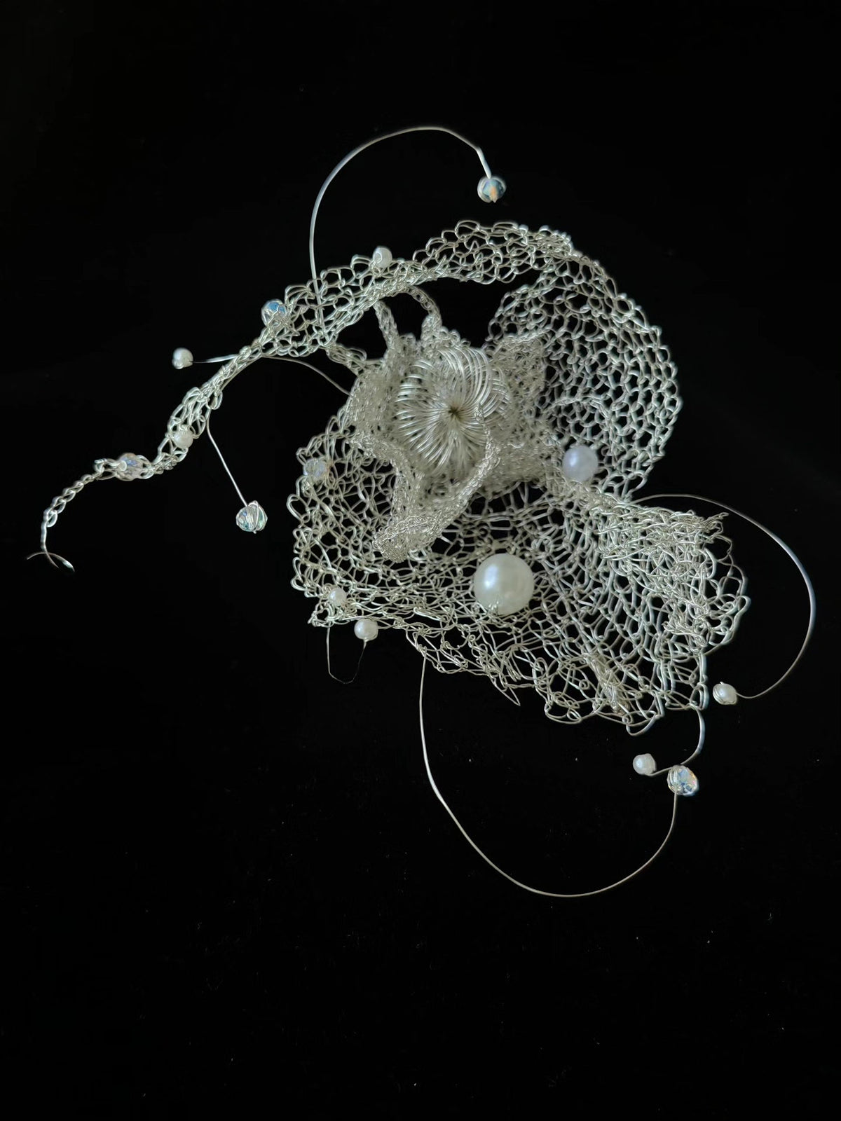 Handcrafted Silver Wire Crochet Pearl Brooch
