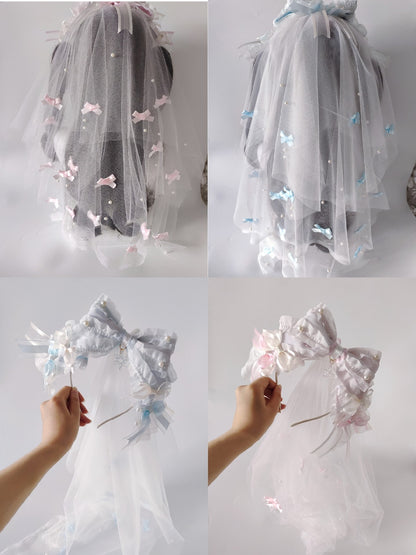 Lolita Large Bow Headband with Veil – Pink or Blue
