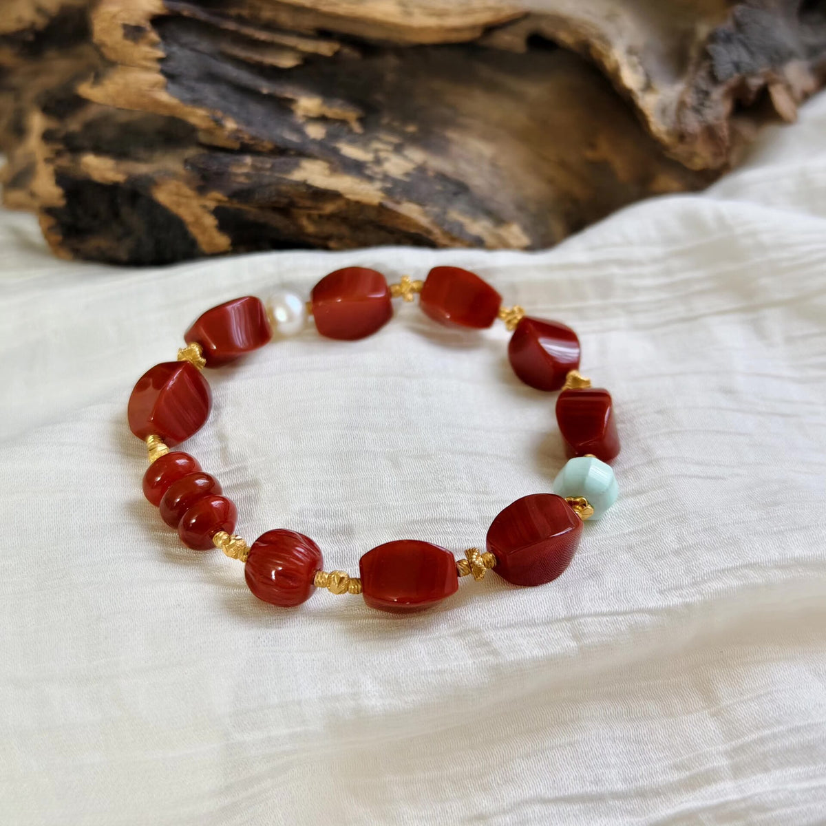 Flame Agate Beaded Bracelet with Turquoise