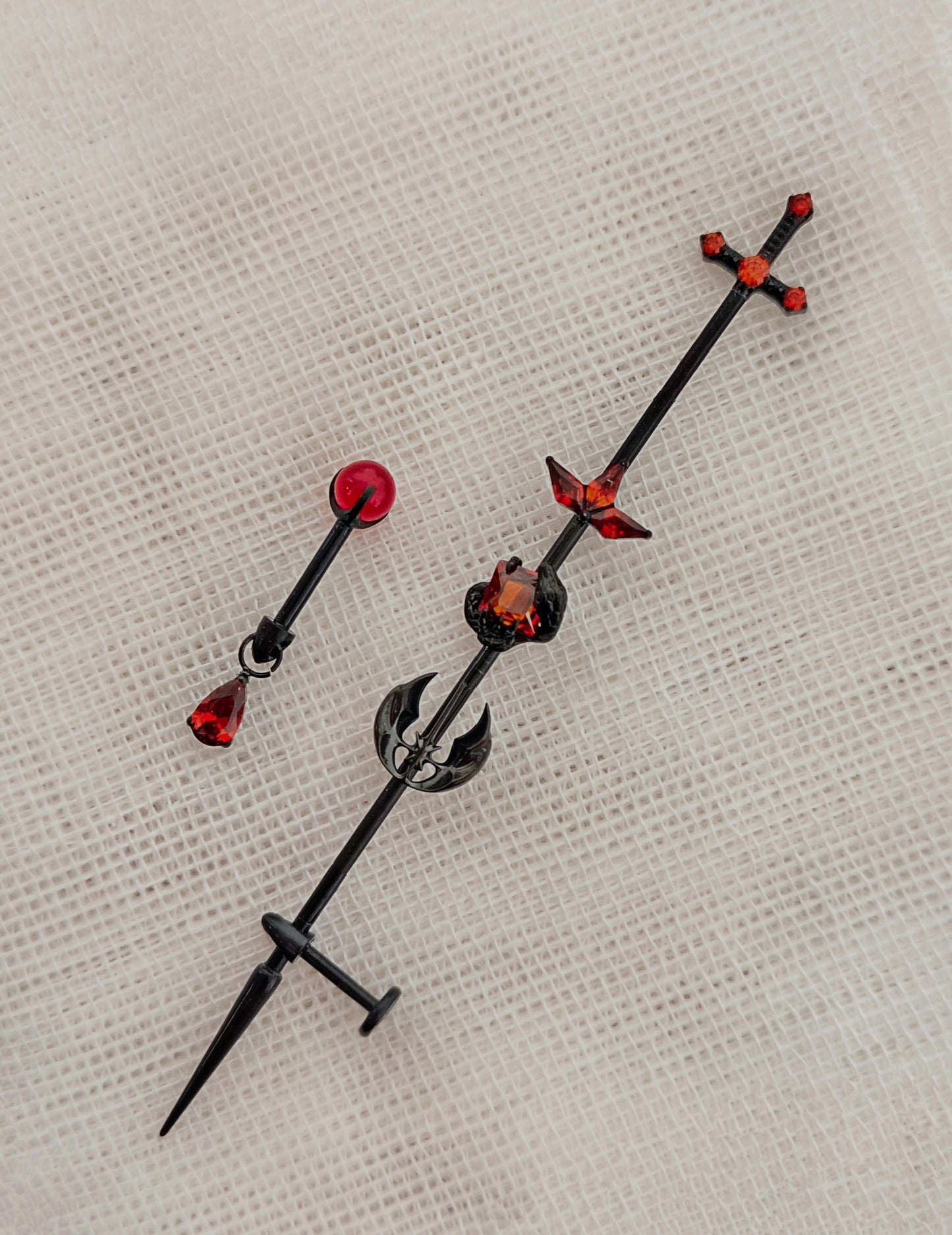 Titanium Alloy Ear Bridge and Earring Set with Cross, Red Zircon, and Spike