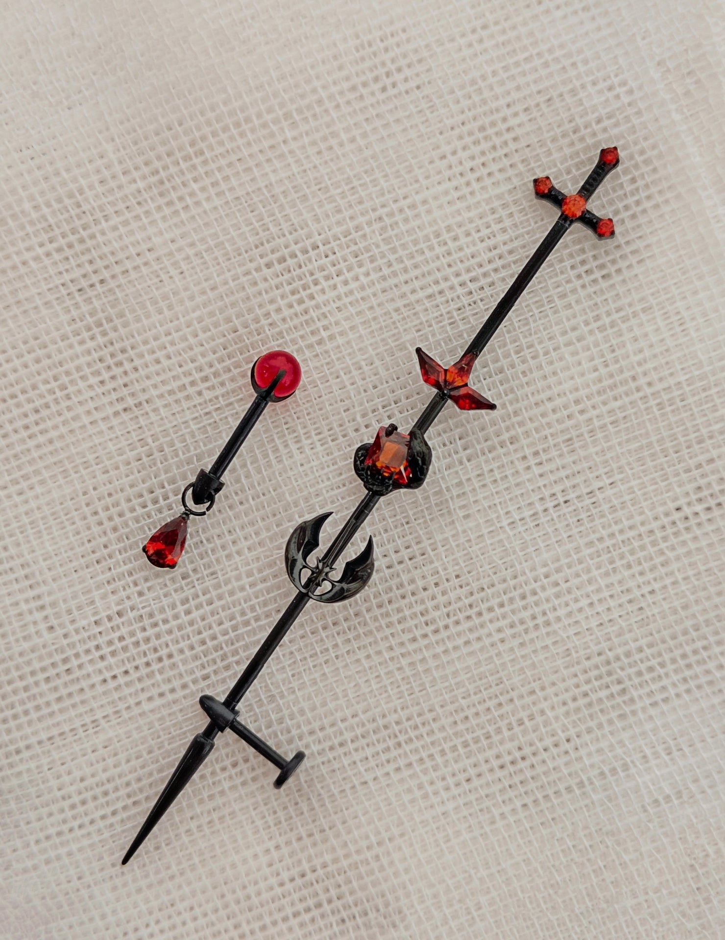 Titanium Alloy Ear Bridge and Earring Set with Cross, Red Zircon, and Spike