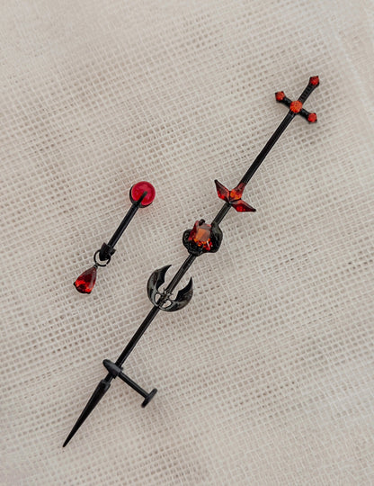 Titanium Alloy Ear Bridge and Earring Set with Cross, Red Zircon, and Spike