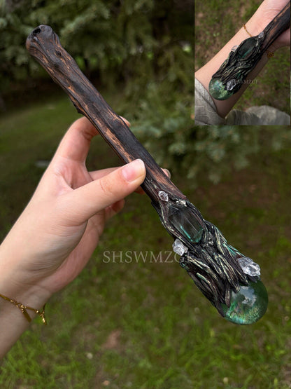 Blue-Green Fluorite Sphere Scepter with Wood Handle, 65cm