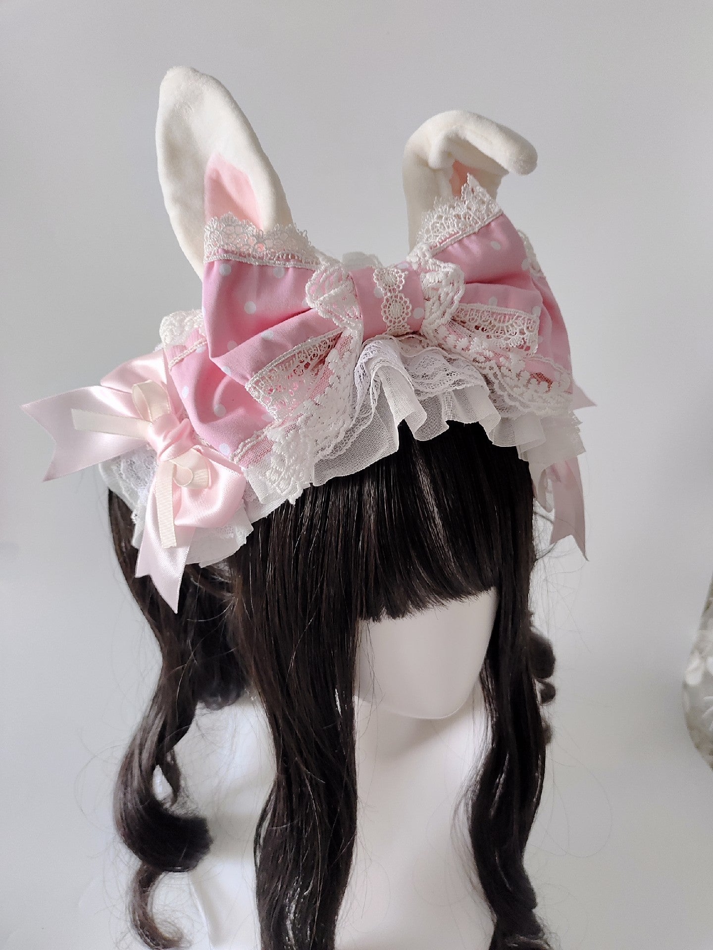 Pink and White Lolita Rabbit Ear Headband with Polka Dot Bow