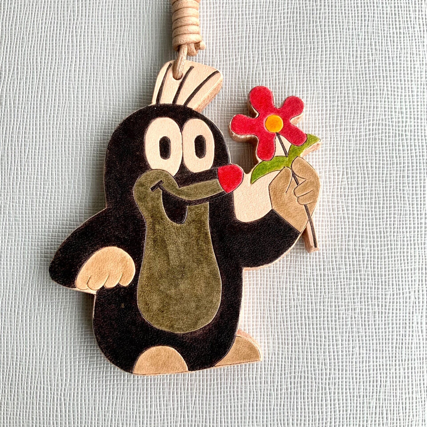 Large Leather Keychain - The Little Mole Design with Flower