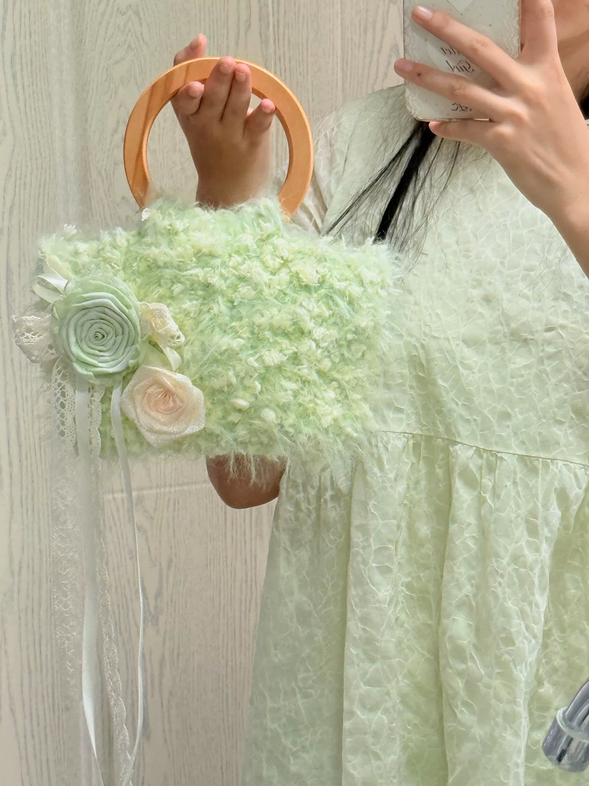 Plush Yarn Bag with Wooden Ring Handle
