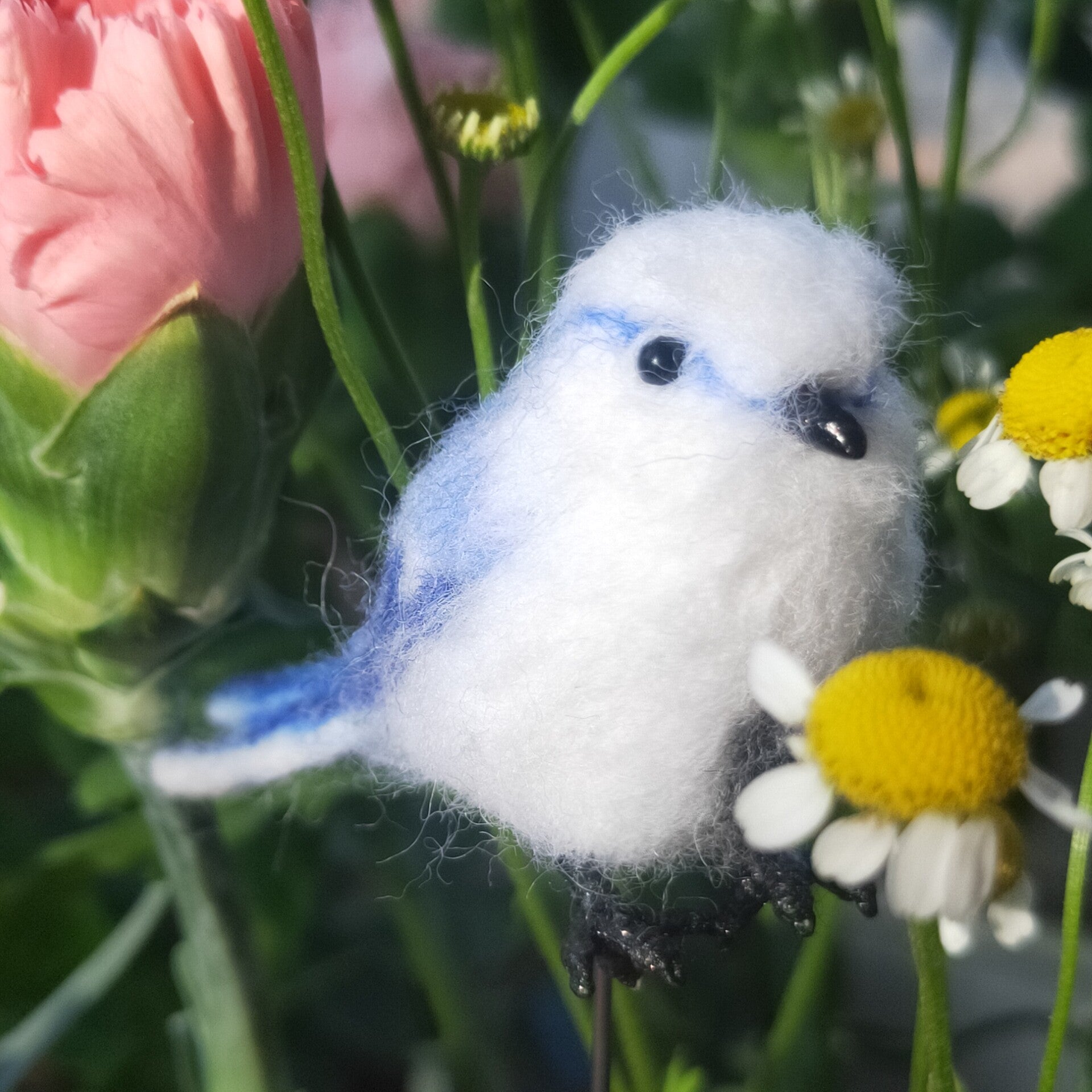 Needle-Felted Wool Miniature Bird Figurine with Blue and White Plumage