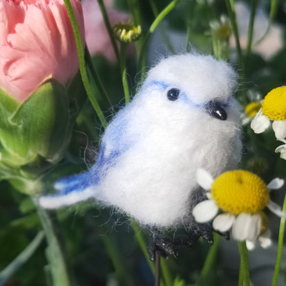 Needle-Felted Wool Miniature Bird Figurine with Blue and White Plumage