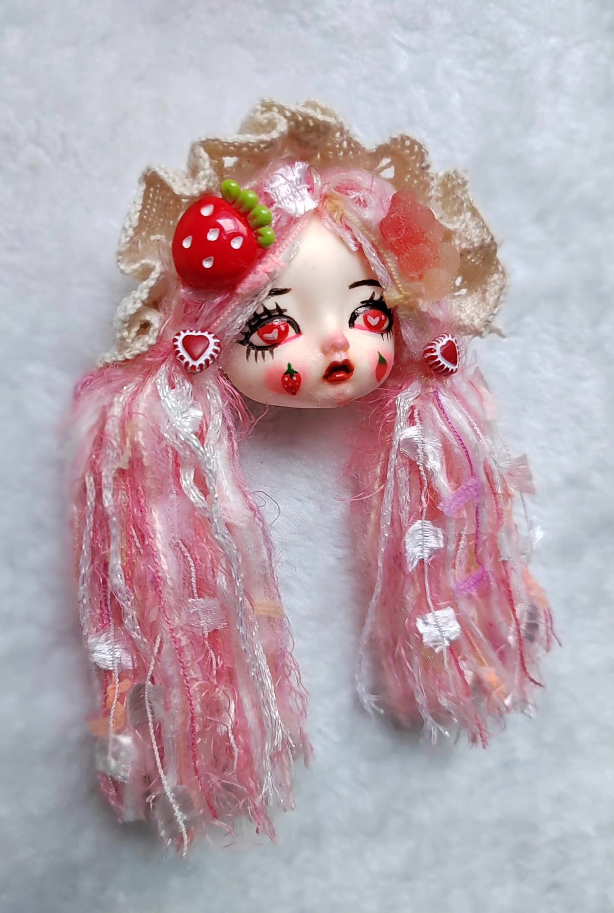Clay Doll Head Strawberry Brooch Bag Charm