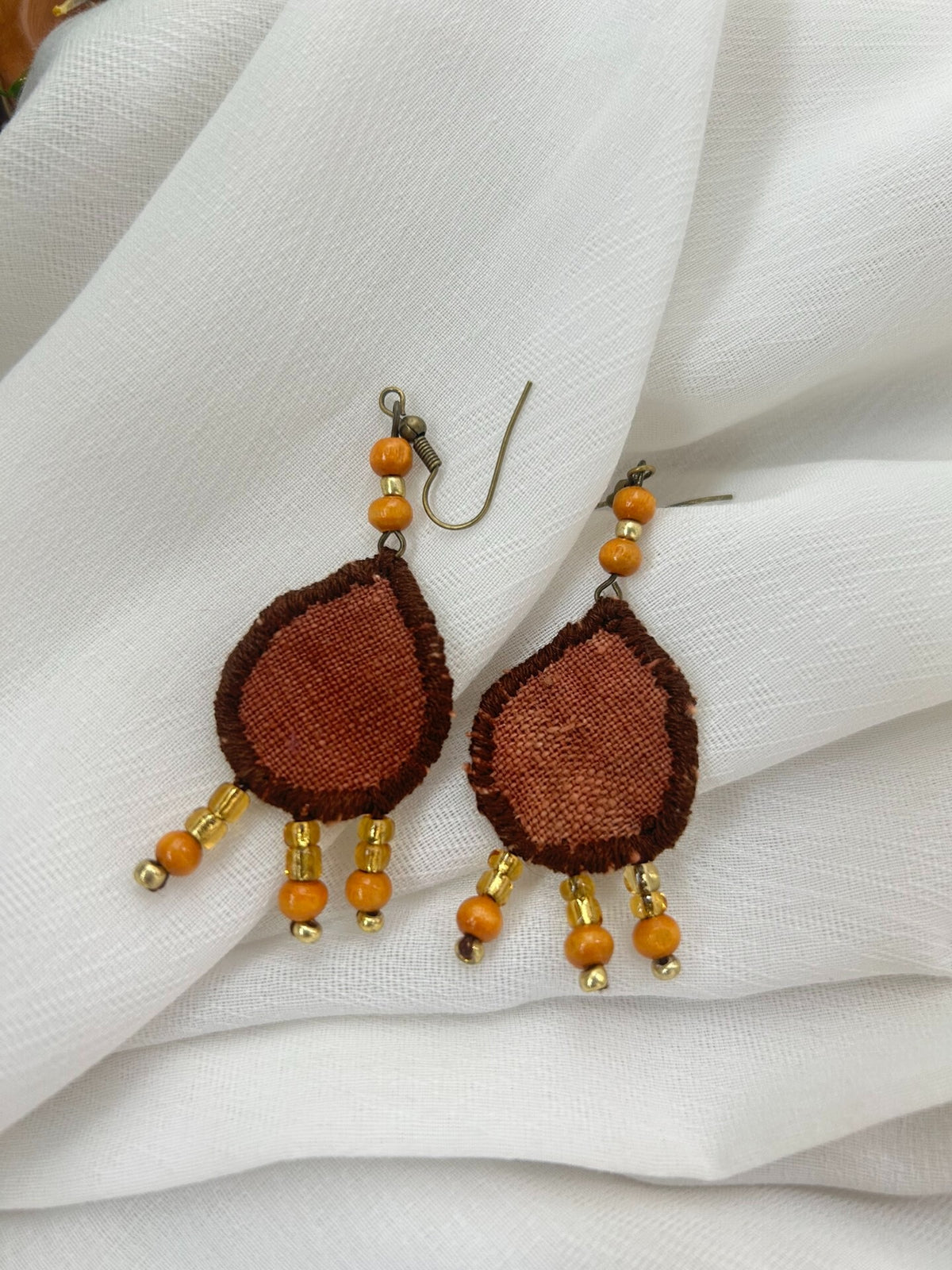 Handmade Fabric Teardrop Earrings with Beaded Tassels