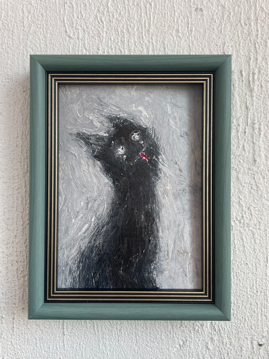 Hand-Painted Oil Artwork Black Cat Teal Frame Tabletop Display