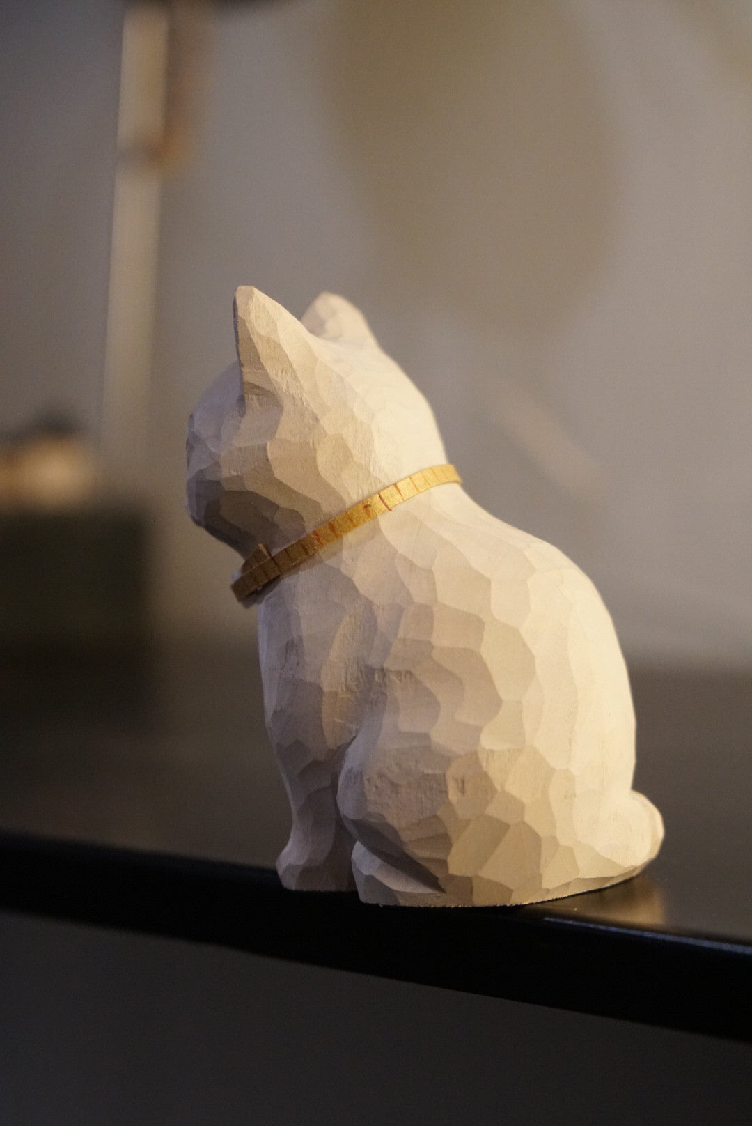 Handcrafted Linden Wood Cat Sculpture Geometric Design