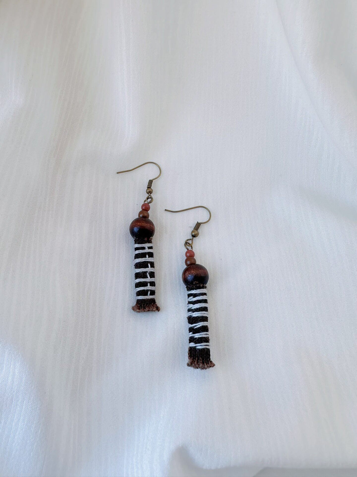 Handmade Fabric Tassel Earrings Wood Bead