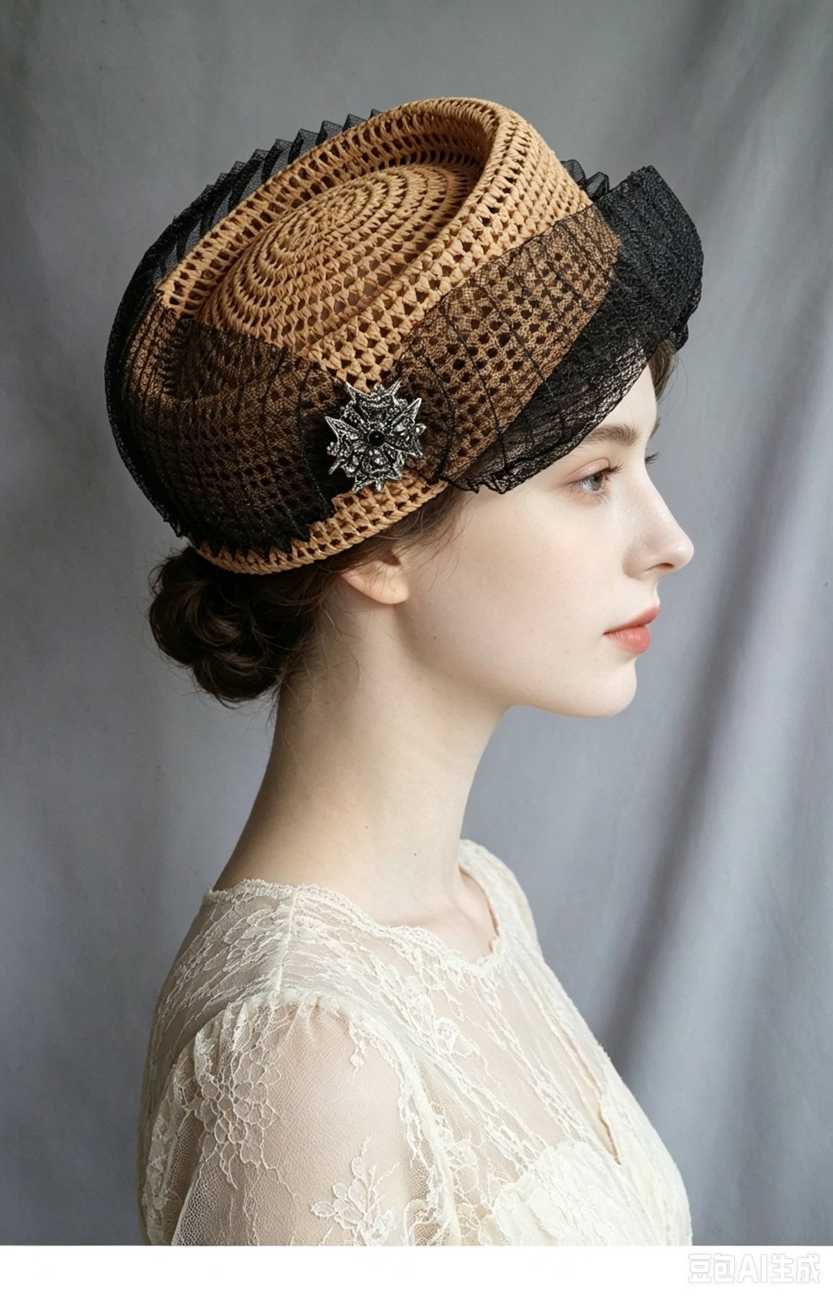 Raffia Pillbox Hat with Black Netting