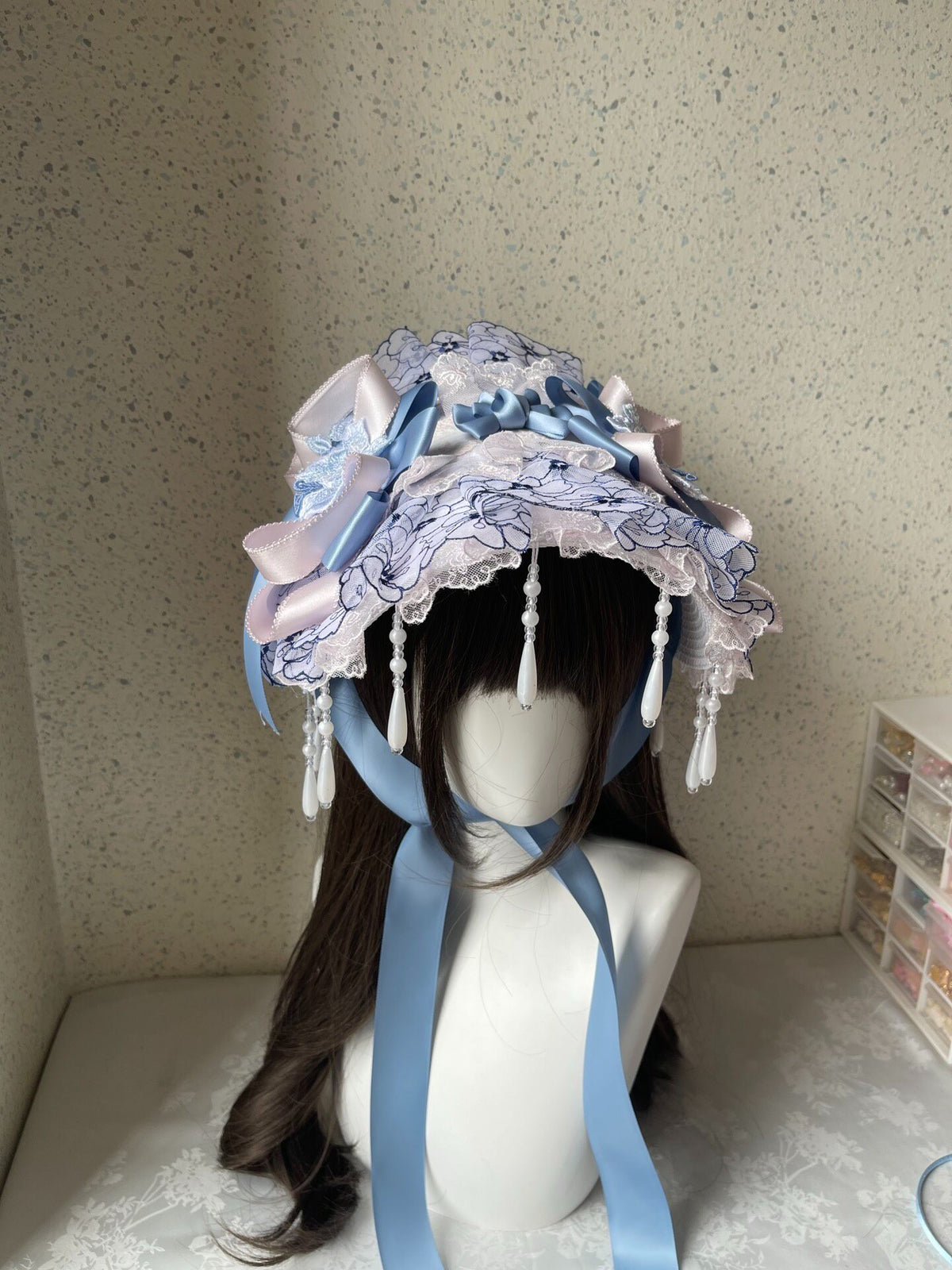 Lolita Bonnet Hat Blue Pink Handmade