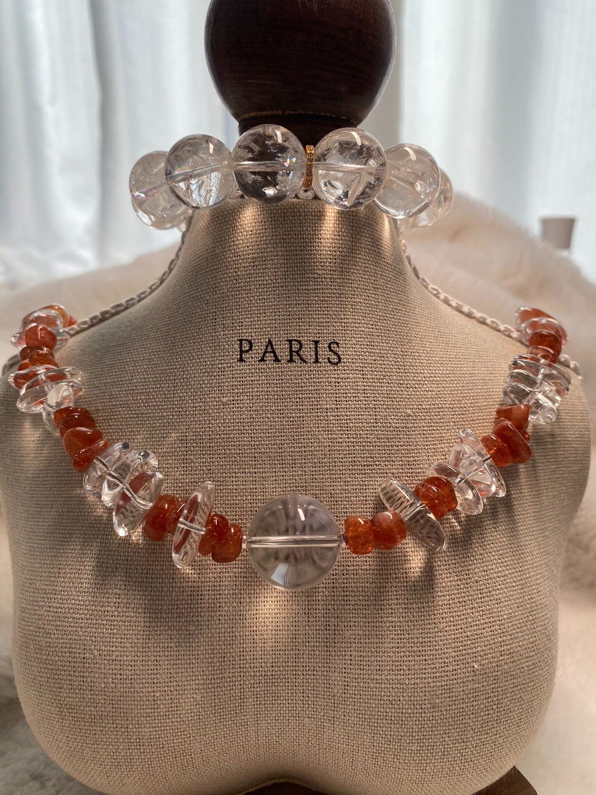 White Crystal Bead Necklace Gold Sun