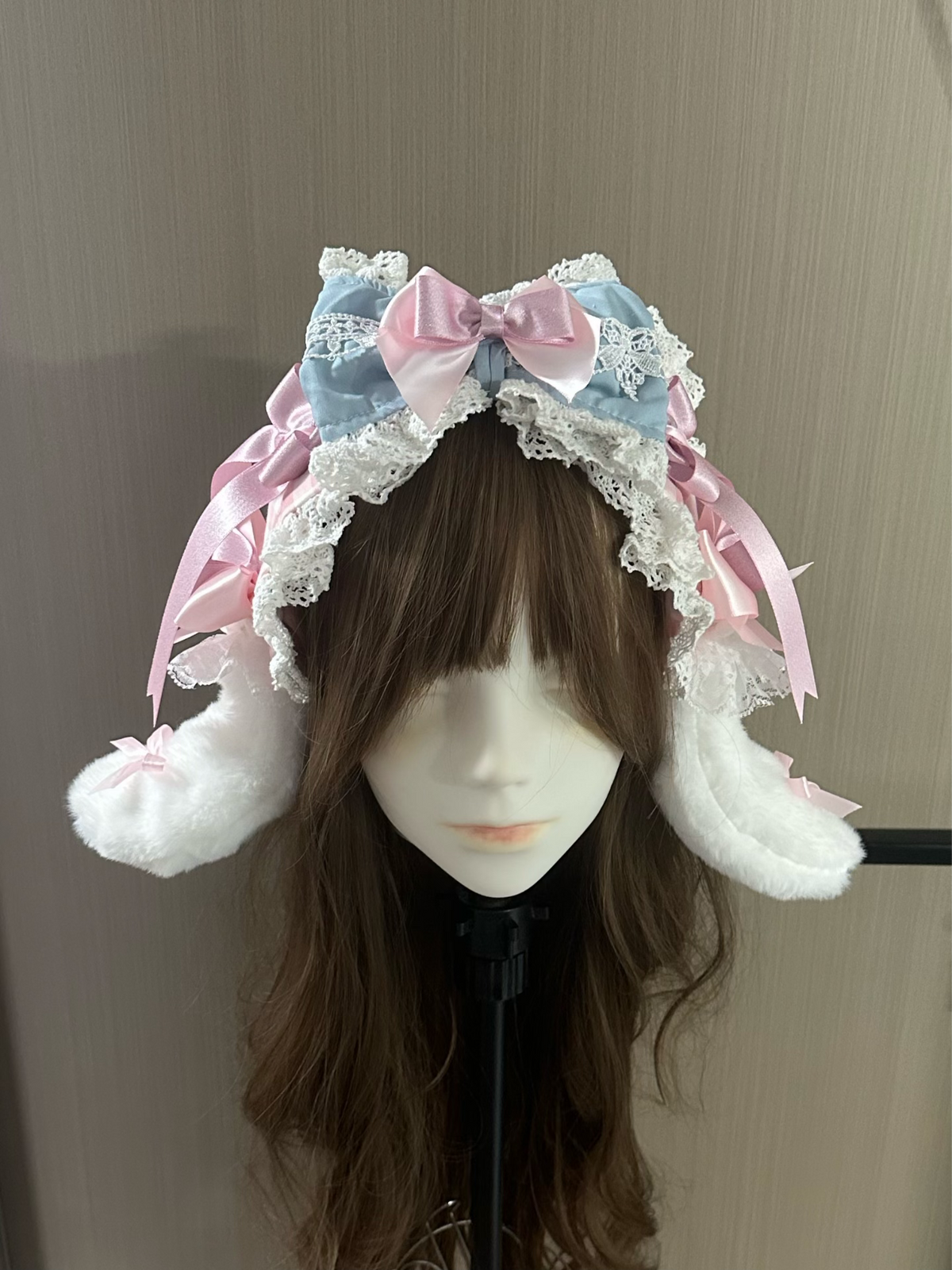 Handmade Lolita Rabbit Ear Headband with Detachable Faux Fur Ears