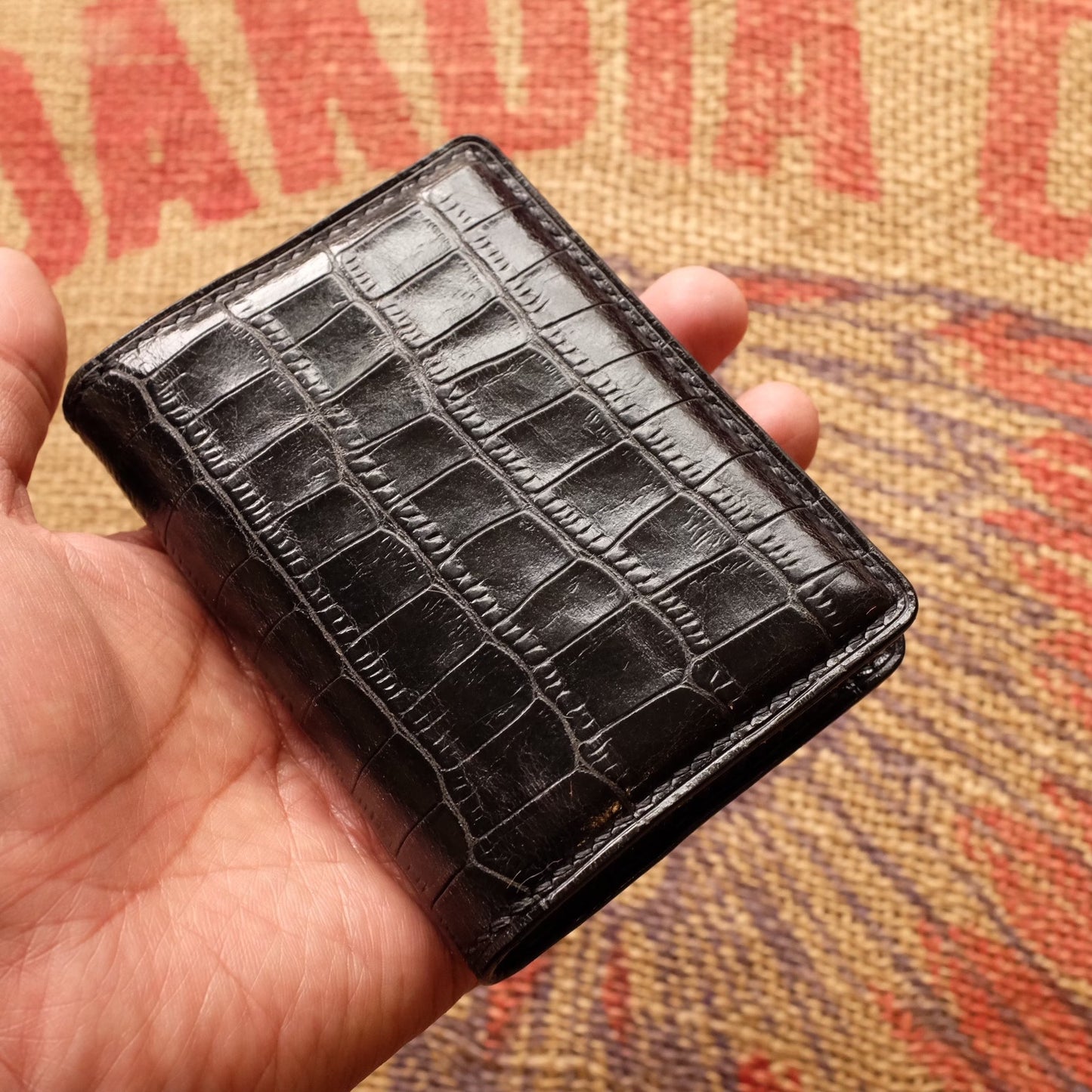 Black Leather Embossed Crocodile Bi-Fold Wallet