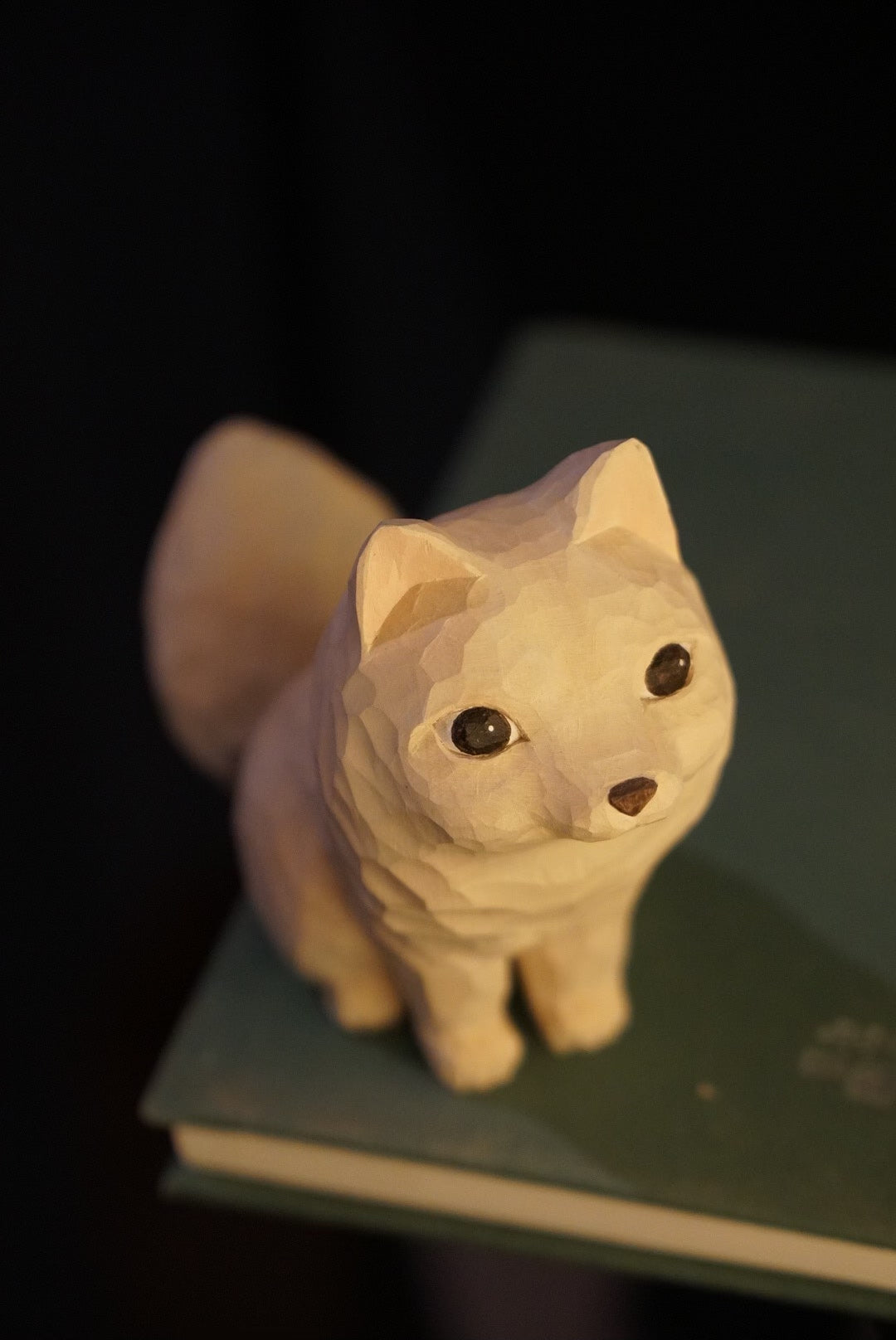 Hand Carved Wooden Sitting White Fox Figurine