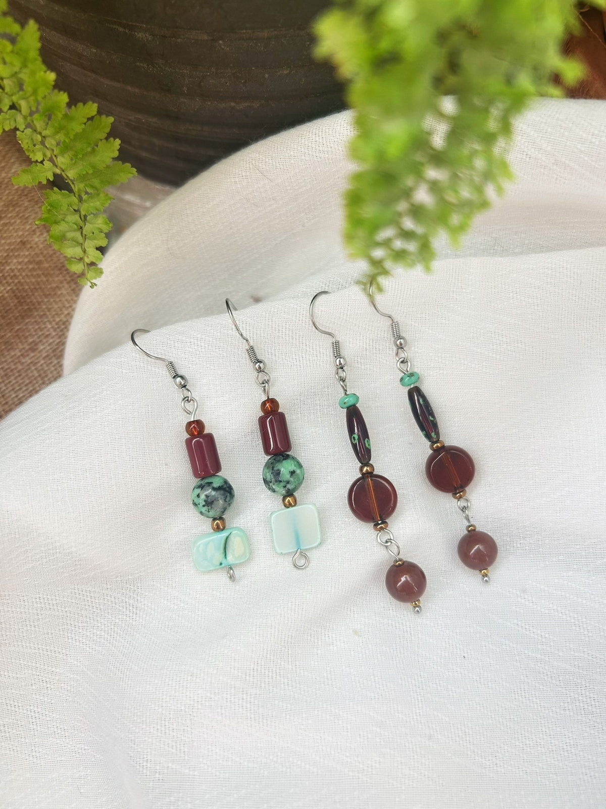 Handcrafted Beaded Dangle Earrings Green Wine Red