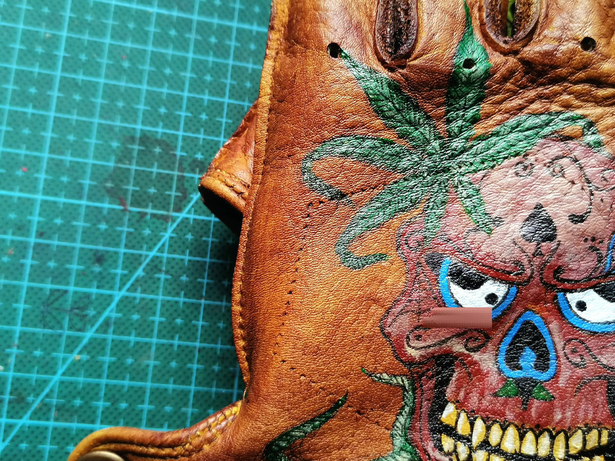 Handcrafted Leather Fingerless Gloves with Painted Skull