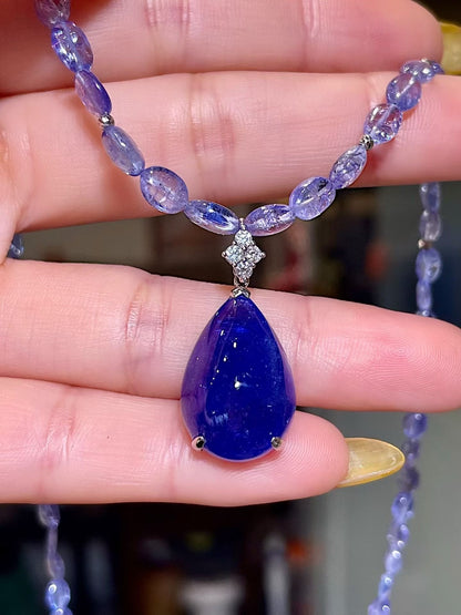 Deep Blue Teardrop Tanzanite Pendant Necklace with Violet Gemstone Chain