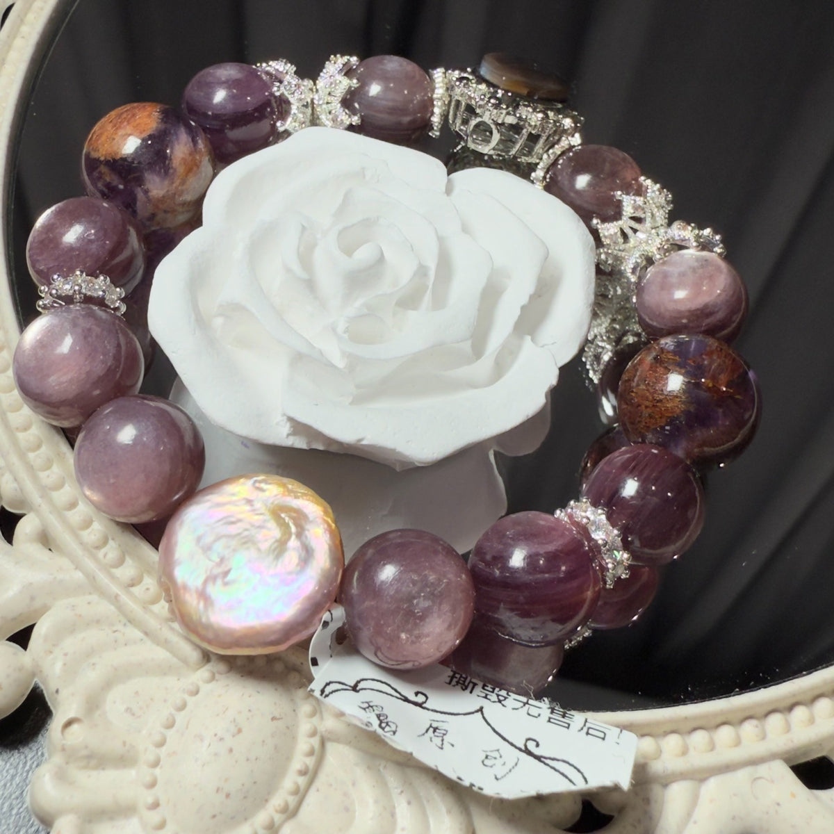 Pulseira de Mica de Lítio Roxa e Pérola Barroca