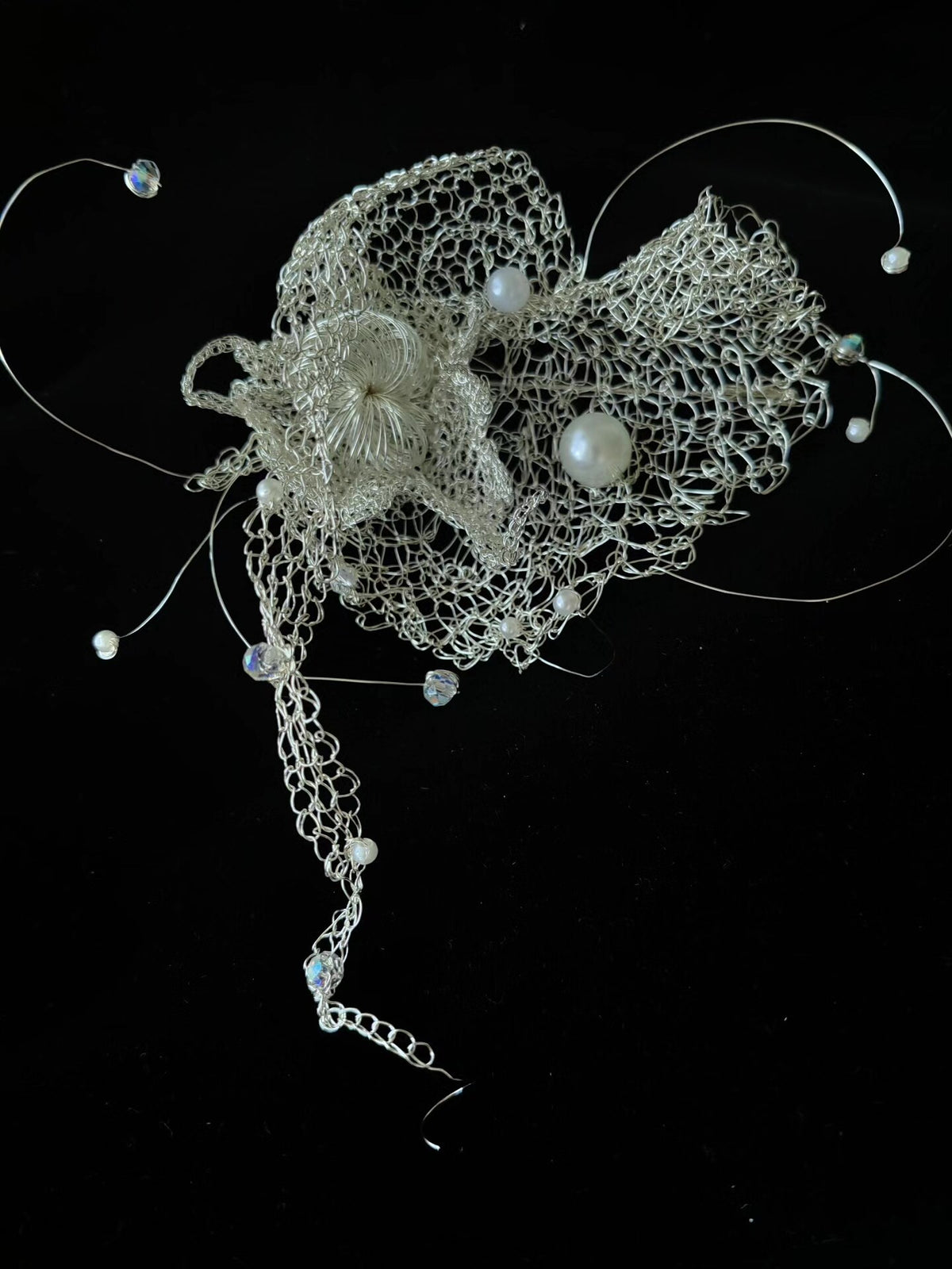 Handcrafted Silver Wire Crochet Pearl Brooch