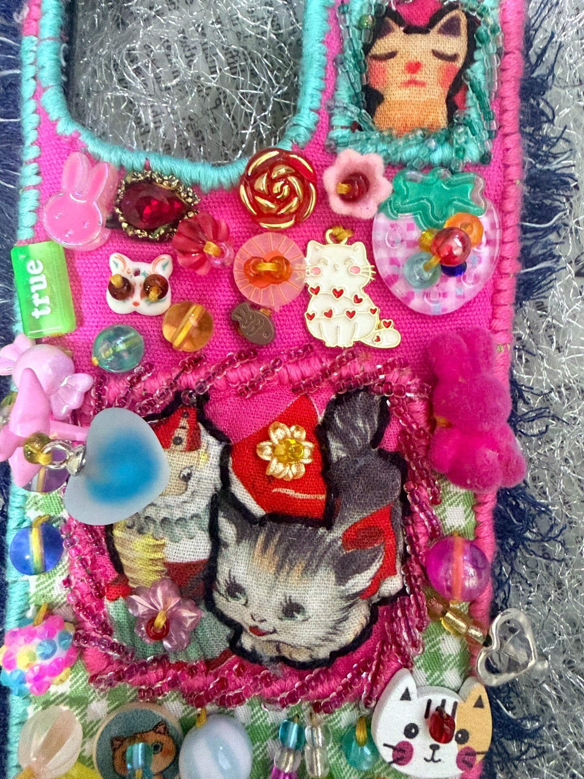 Pink Cat Fabric Phone Case Beaded