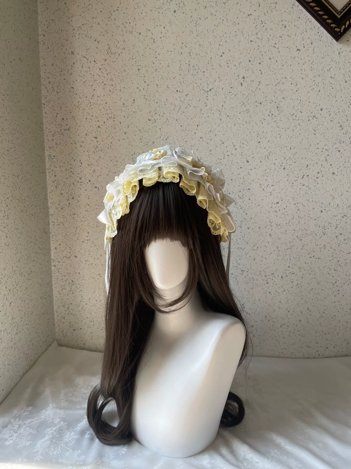 Diadema Lolita Artesanal Amarillo y Blanco con Encaje